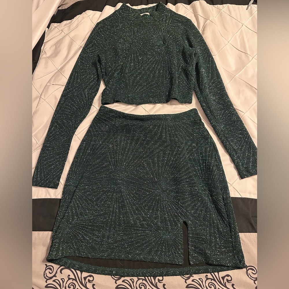 Women’s green glitter matching set- skirt and long sleeve cropped shirt